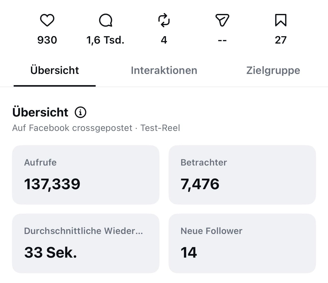 Instagram Insights eines Reels: 137.339 Aufrufe