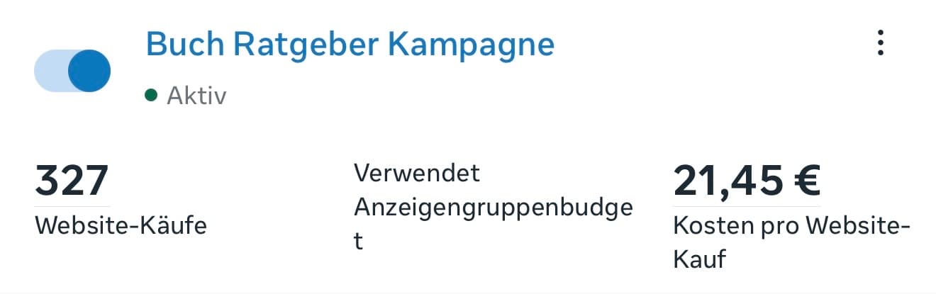 Meta-Kampagne Buch Ratgeber Kampagne: 327 Käufe, 21,45 € pro Kauf