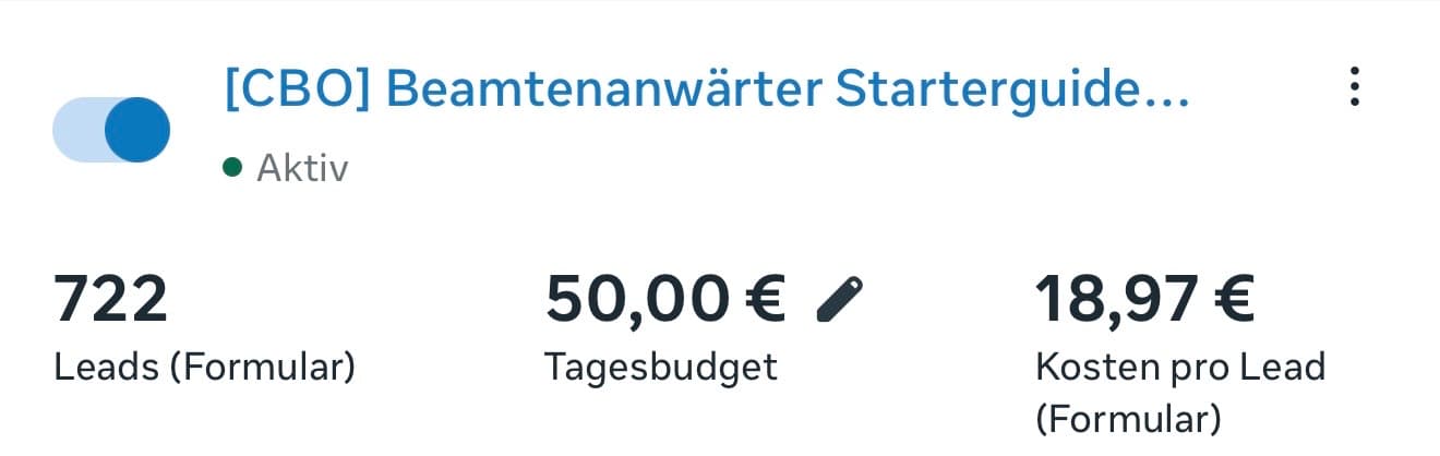 Meta-Kampagne Beamtenanwärter Starterguide: 722 Leads, 18,97 € pro Lead