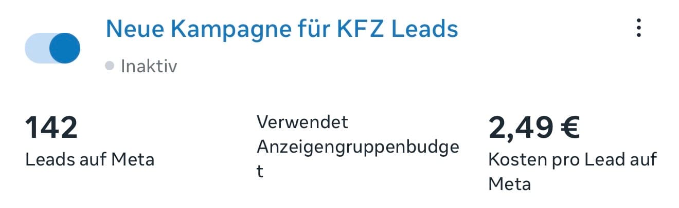 Meta-Kampagne KFZ Leads: 142 Leads, 2,49 € pro Lead